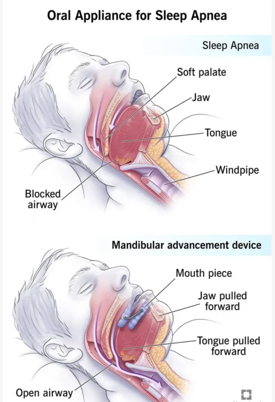 Oral appliance therapy for sleep apnea showing mandibular advancement device improving airway by repositioning jaw and tongue.